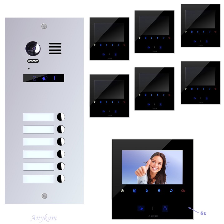 Video Klingelanlagen mit Kamera 170Grad 2-draht 6-familienhaus mit Edelstahl Klingel ES6 Unterputzmontage