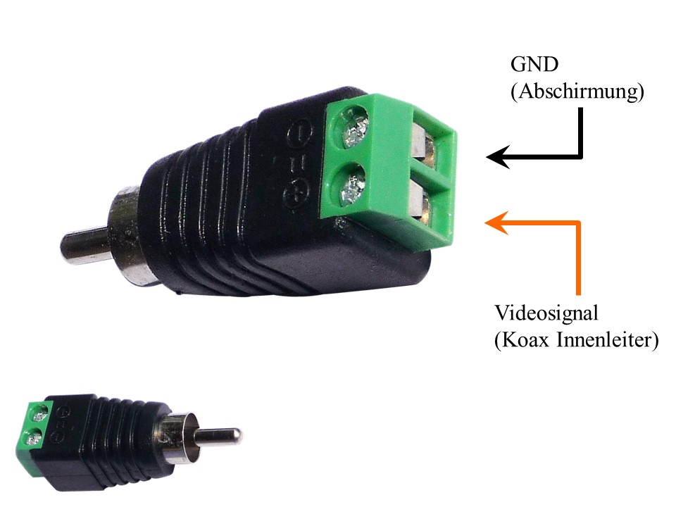 Cinch-male-2Pol Adapter für Anschluss von Profikamera und Überwachungskamera an DT- SCU unserer 2-Draht Video Sprechanlagen